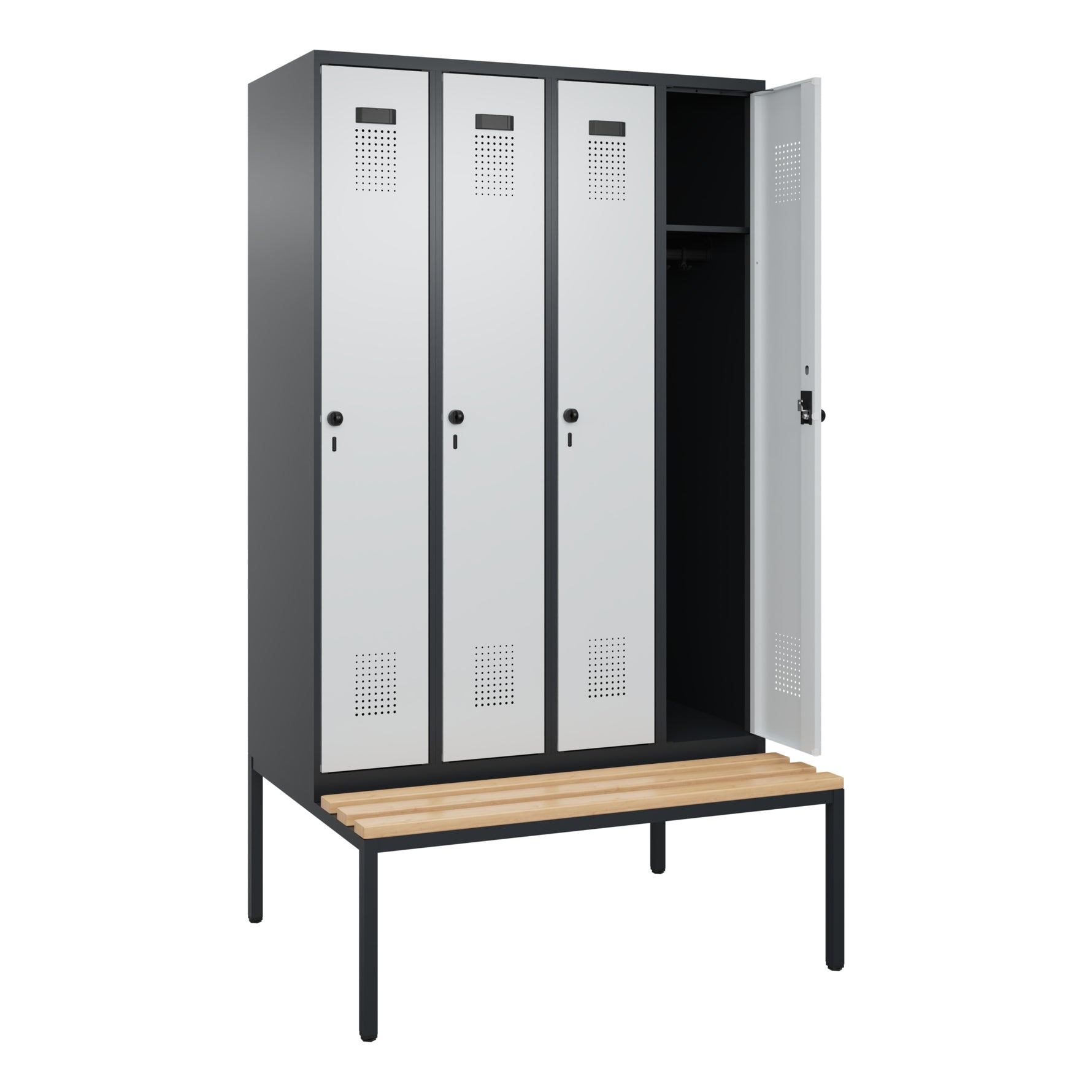 C+P Kleiderspind Evolo PLUS mit untergebauter Sitzbank 4 Abteile schwarzgrau – Produktbild 2