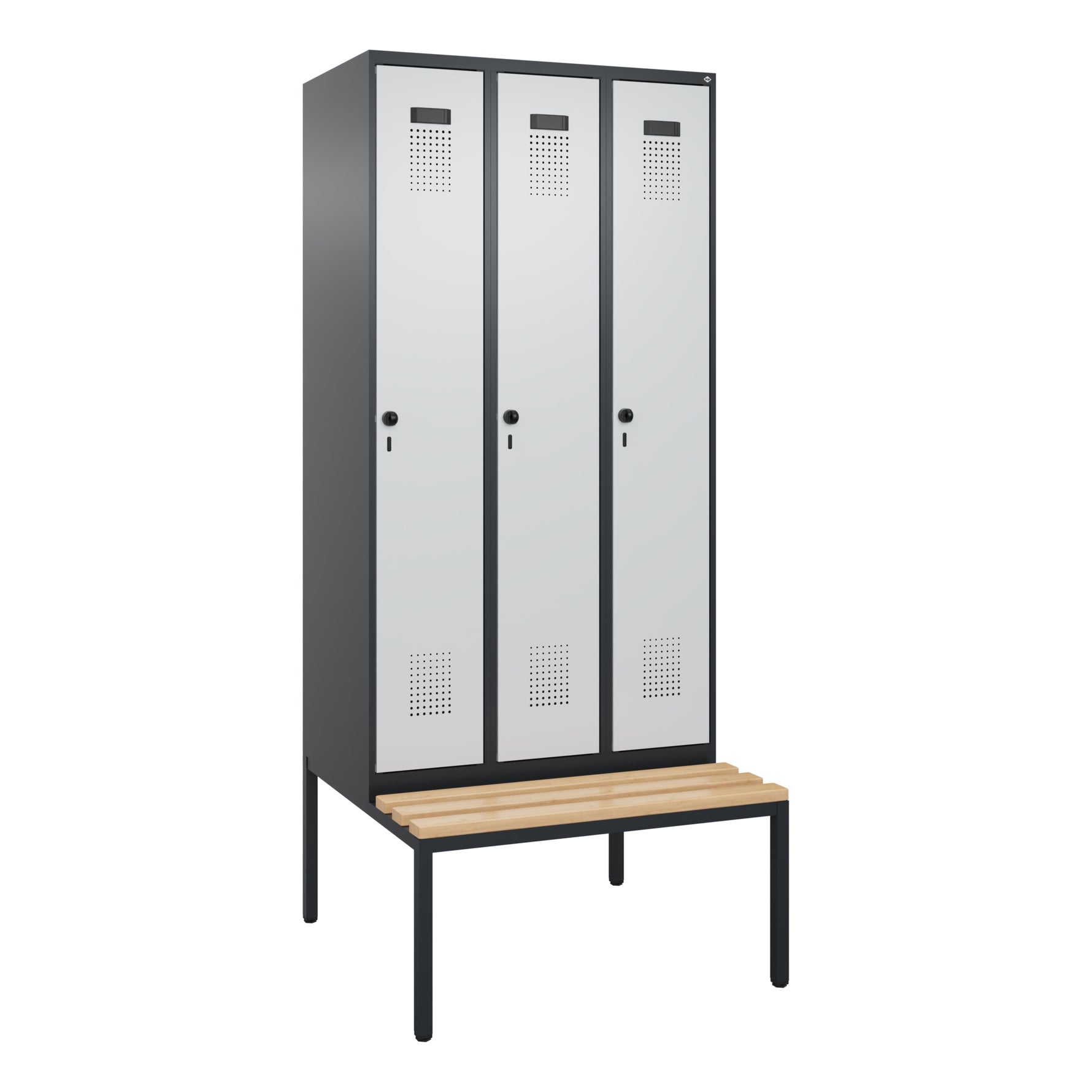 C+P Kleiderspind Evolo PLUS mit untergebauter Sitzbank 3 Abteile schwarzgrau