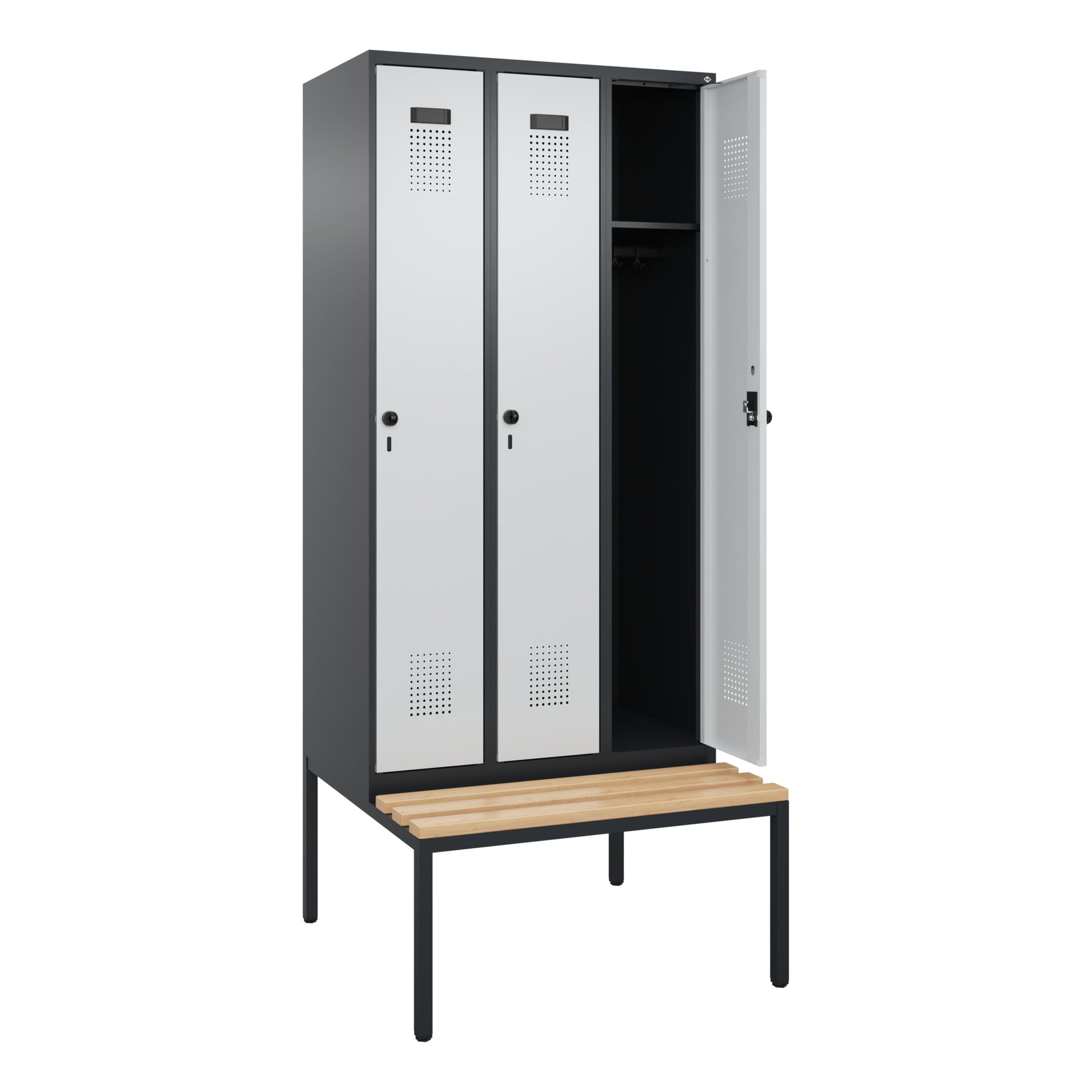 C+P Kleiderspind Evolo PLUS mit untergebauter Sitzbank 3 Abteile schwarzgrau – Produktbild 2