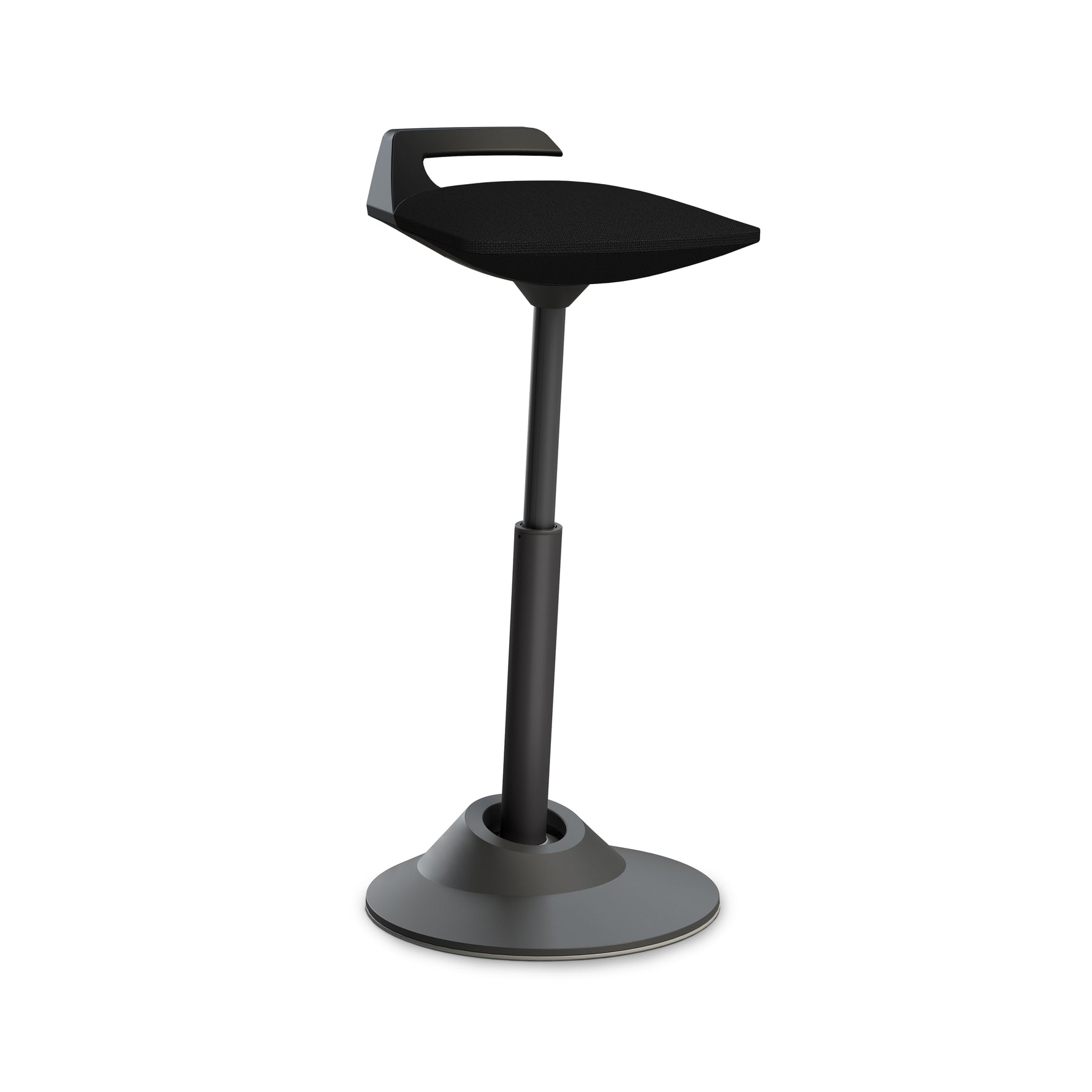 Schwarzer Aeris Muvman ergonomischer Stehsitz mit aktivem Sitzgestell, bequem für langes Stehen und Arbeiten.