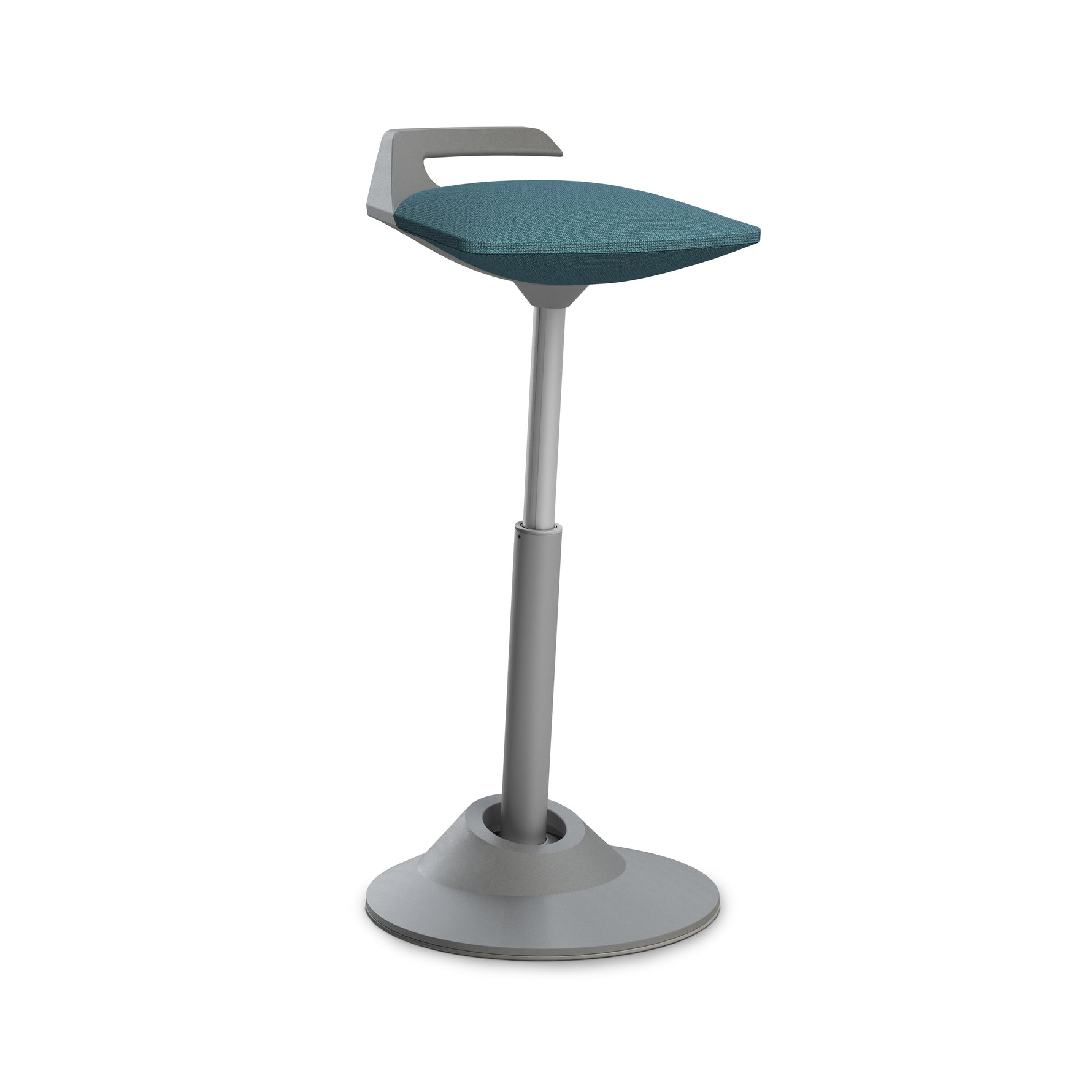 Ergonomischer Aeris Muvman Stehsitz mit grauem Gestell, aktiver Sitz für verbesserten Komfort und Bewegung im Arbeitsbereich.