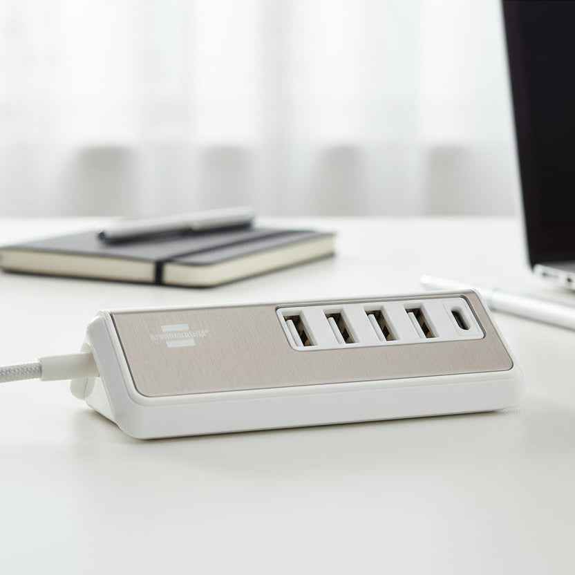 brennenstuhl® estilo Mehrfach-USB-Ladegerät mit mehreren USB-Anschlüssen und kompaktem Design, auf einem weißen Hintergrund.