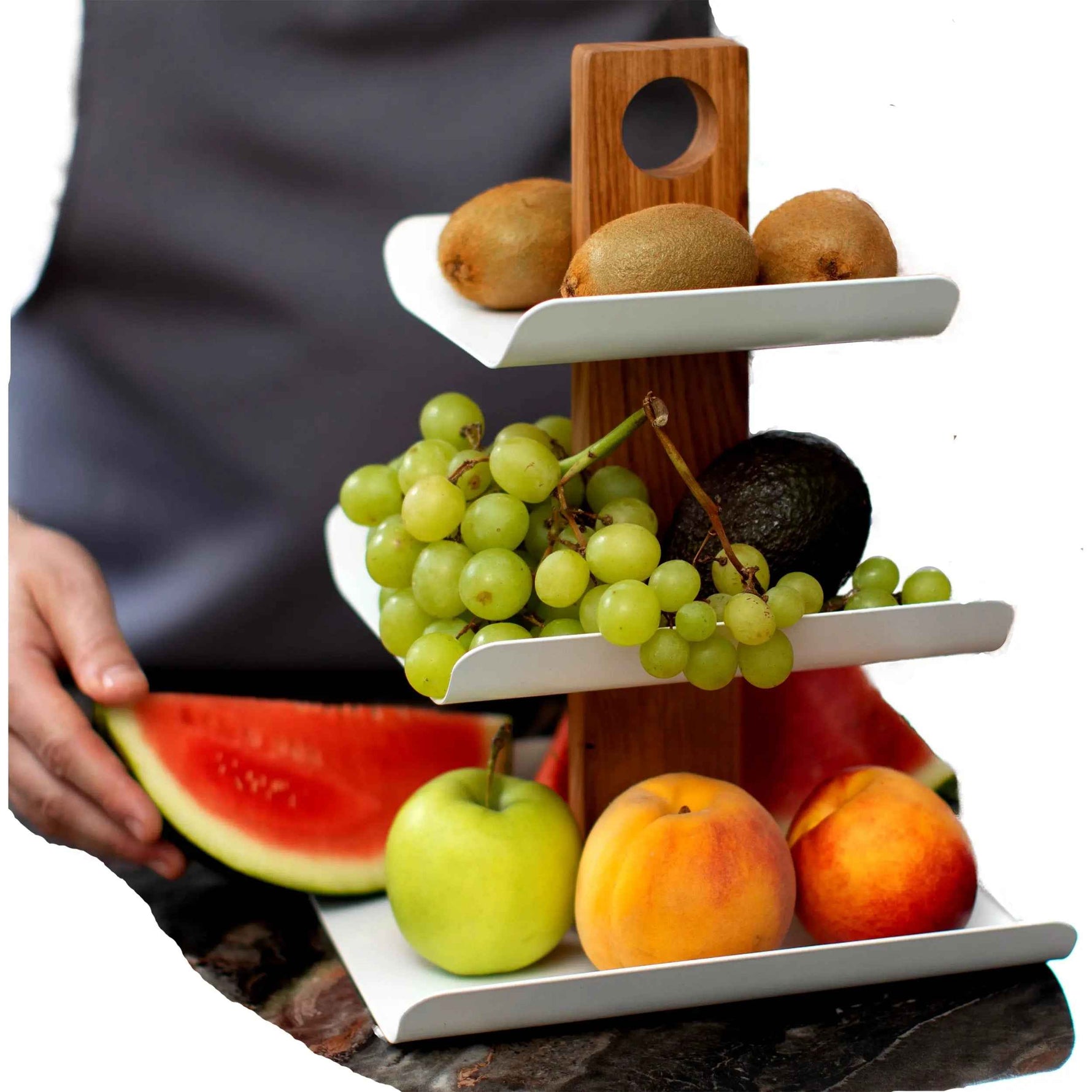 Moderne Etagere 3-stöckig Holz & Metall 33cm – Schwarzer Obstkorb & Obstschale