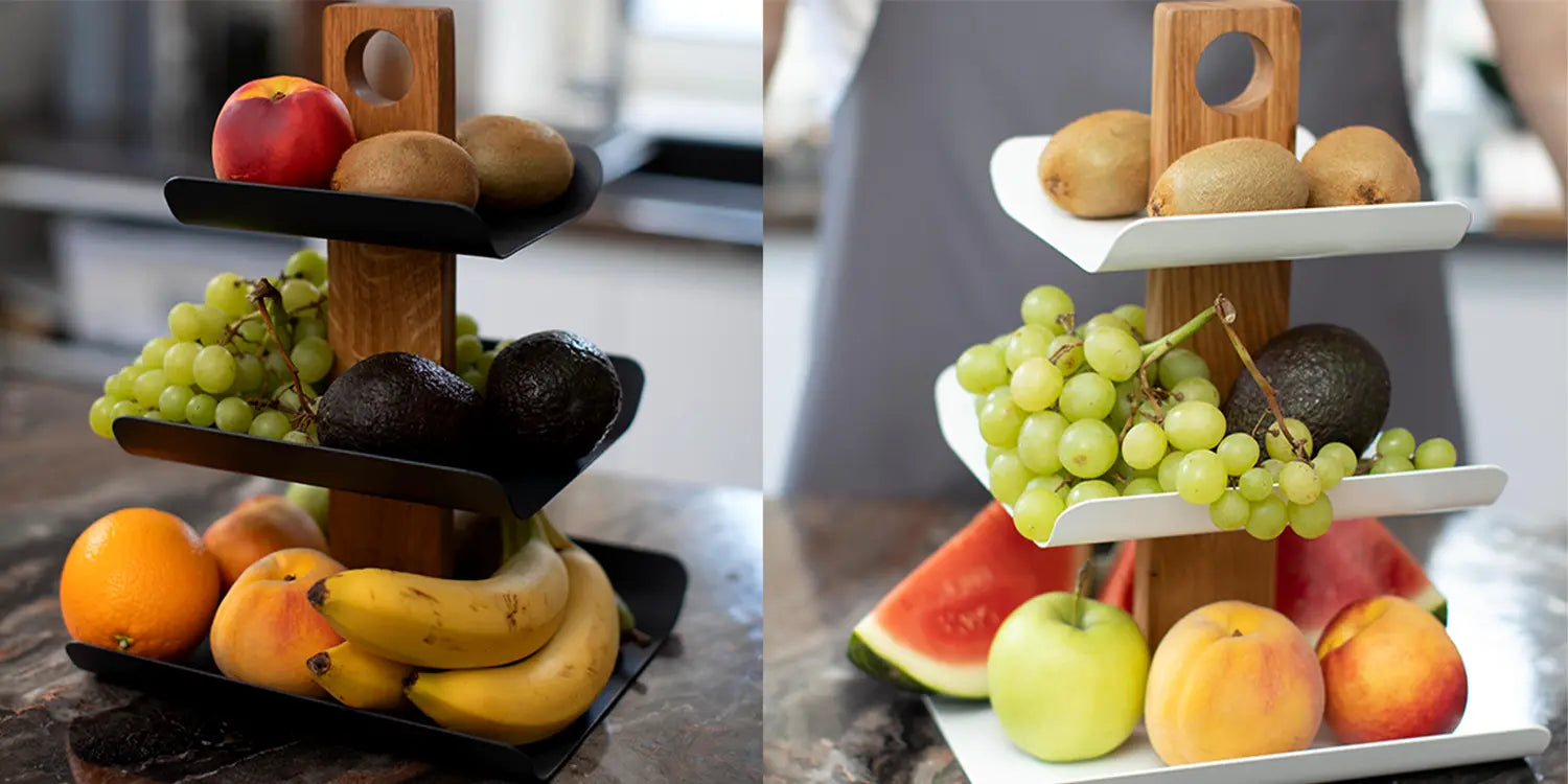 Moderne Etagere 3-stöckig Holz & Metall 33cm – Schwarzer Obstkorb & Obstschale
