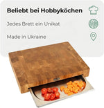 Stirnholz Schneidebrett Eiche 40x30x6cm – Massiv mit Edelstahl-Auffangschale