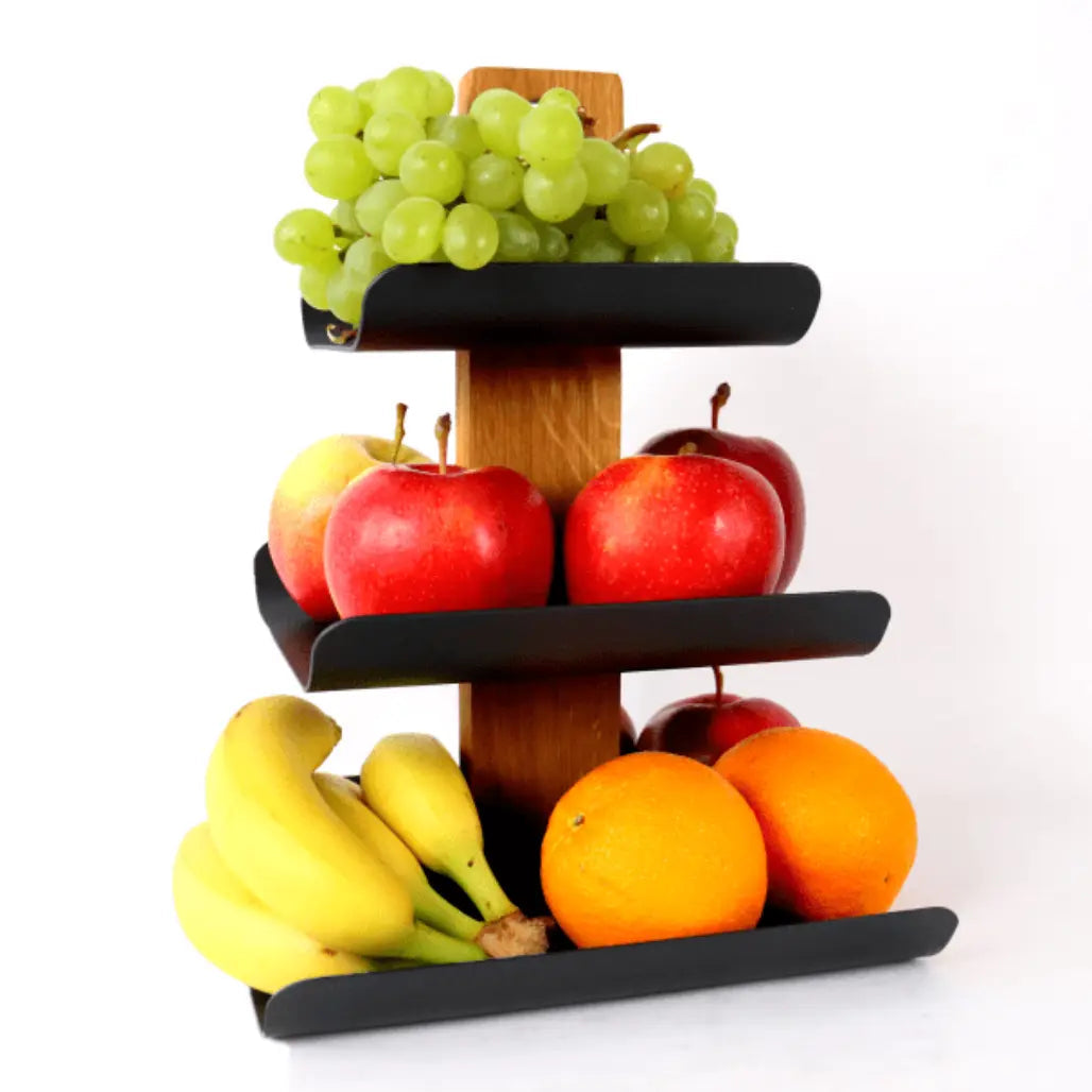 Moderne Etagere 3-stöckig Holz & Metall 33cm – Schwarzer Obstkorb & Obstschale