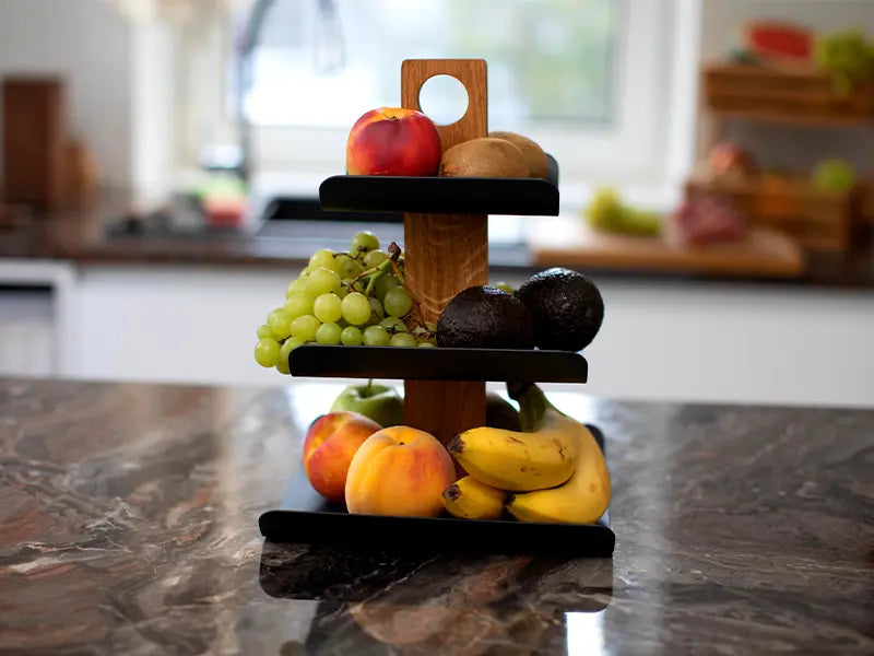 Moderne Etagere 3-stöckig Holz & Metall 33cm – Schwarzer Obstkorb & Obstschale
