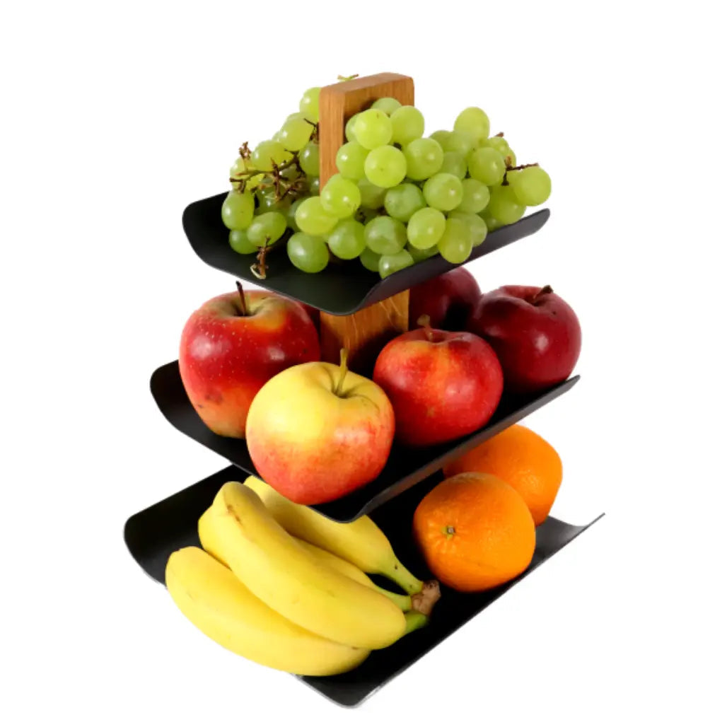 Moderne Etagere 3-stöckig Holz & Metall 33cm – Schwarzer Obstkorb & Obstschale