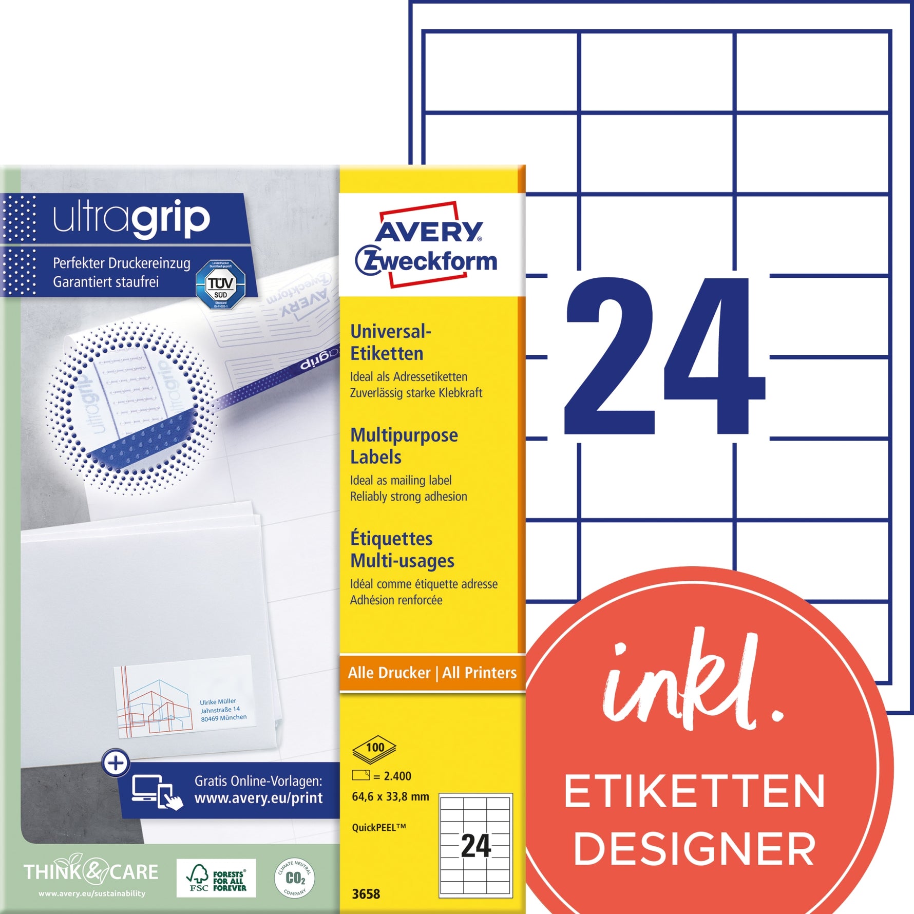 Avery Zweckform Universaletikett ultragrip 64,6 x 33,8 mm (B x H)