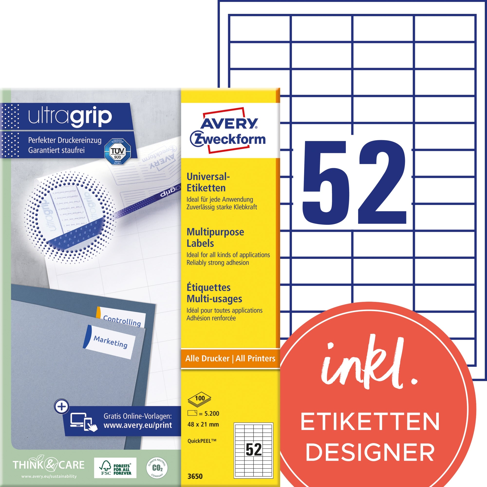 Avery Zweckform Universaletiketten 3650 ultragrip 48 x 21 mm – 100 Blatt