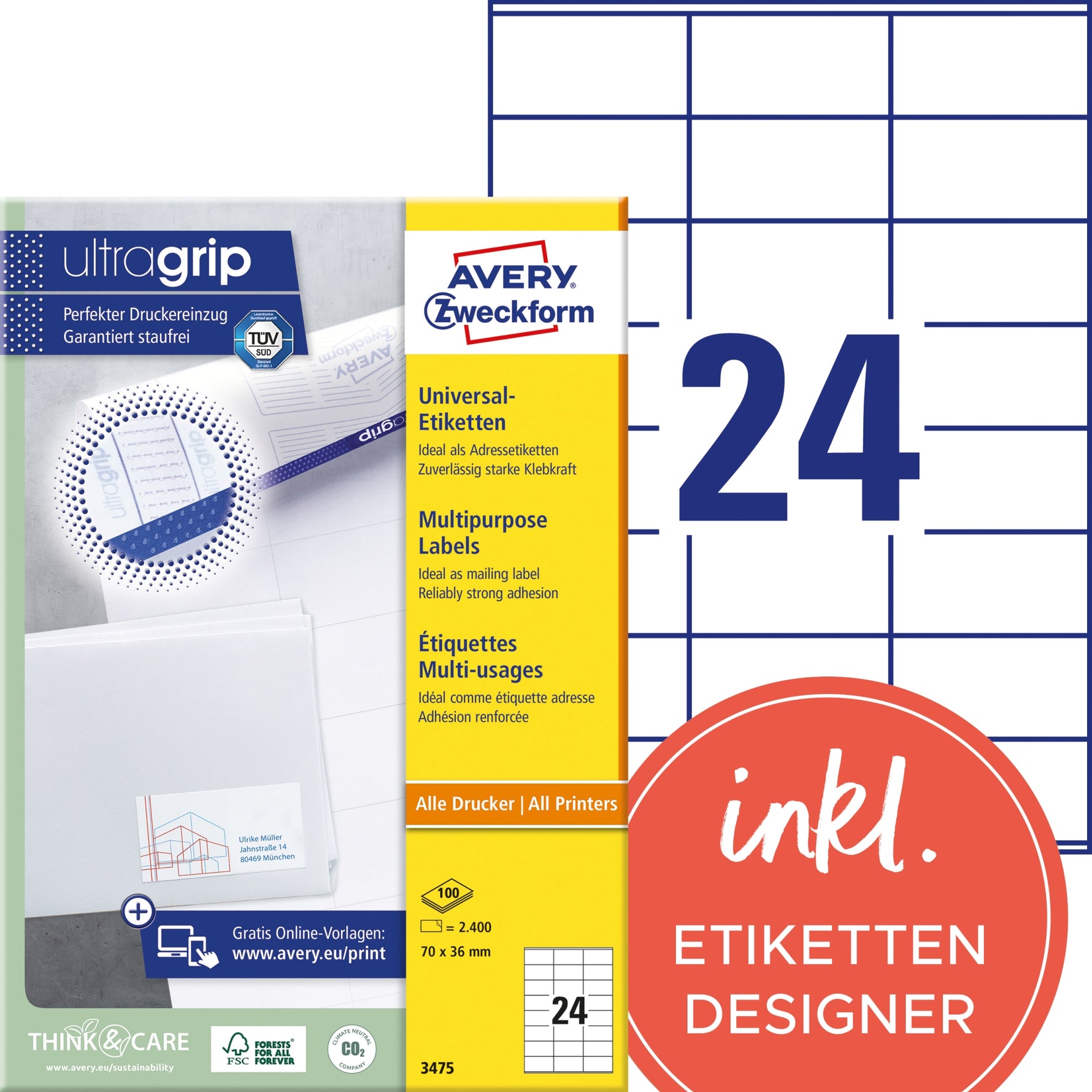 Avery Zweckform Universaletikett ultragrip 70 x 36 mm (B x H)