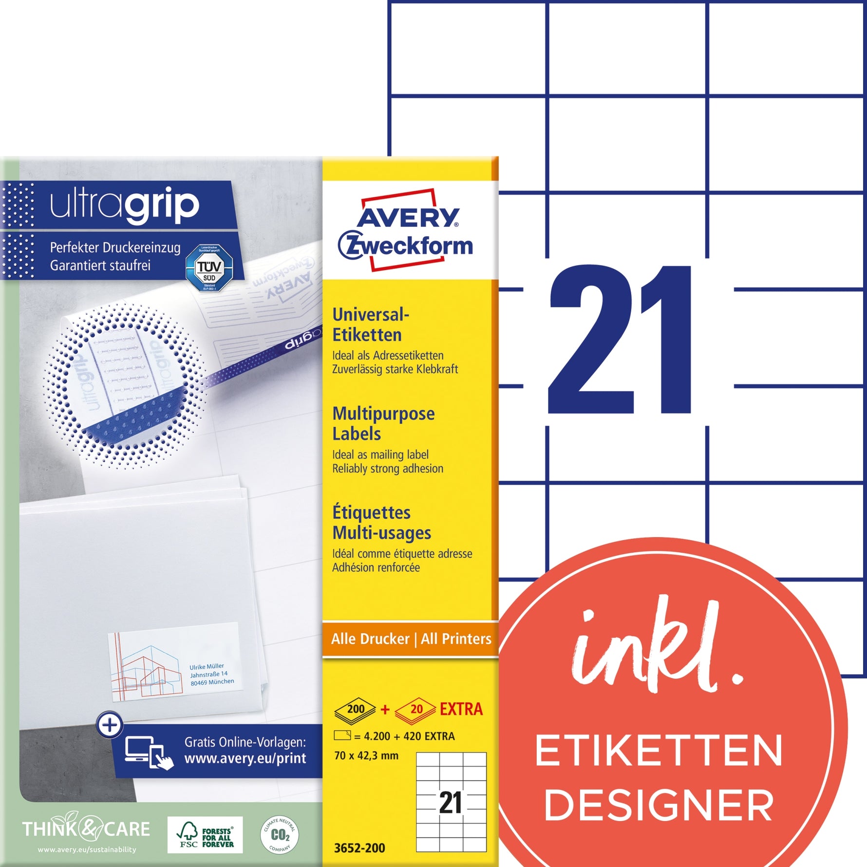 Avery Zweckform Universaletikett ultragrip 70 x 42,3 mm (B x H)