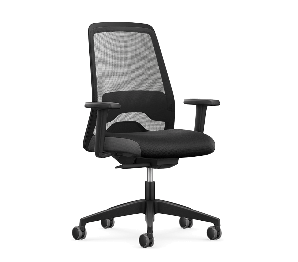 Bürodrehstuhl Wiepa Office Air mit Netzrücken, ergonomischer Sitz und verstellbare Armlehnen, schwarz, auf Schreibtisch gestellt