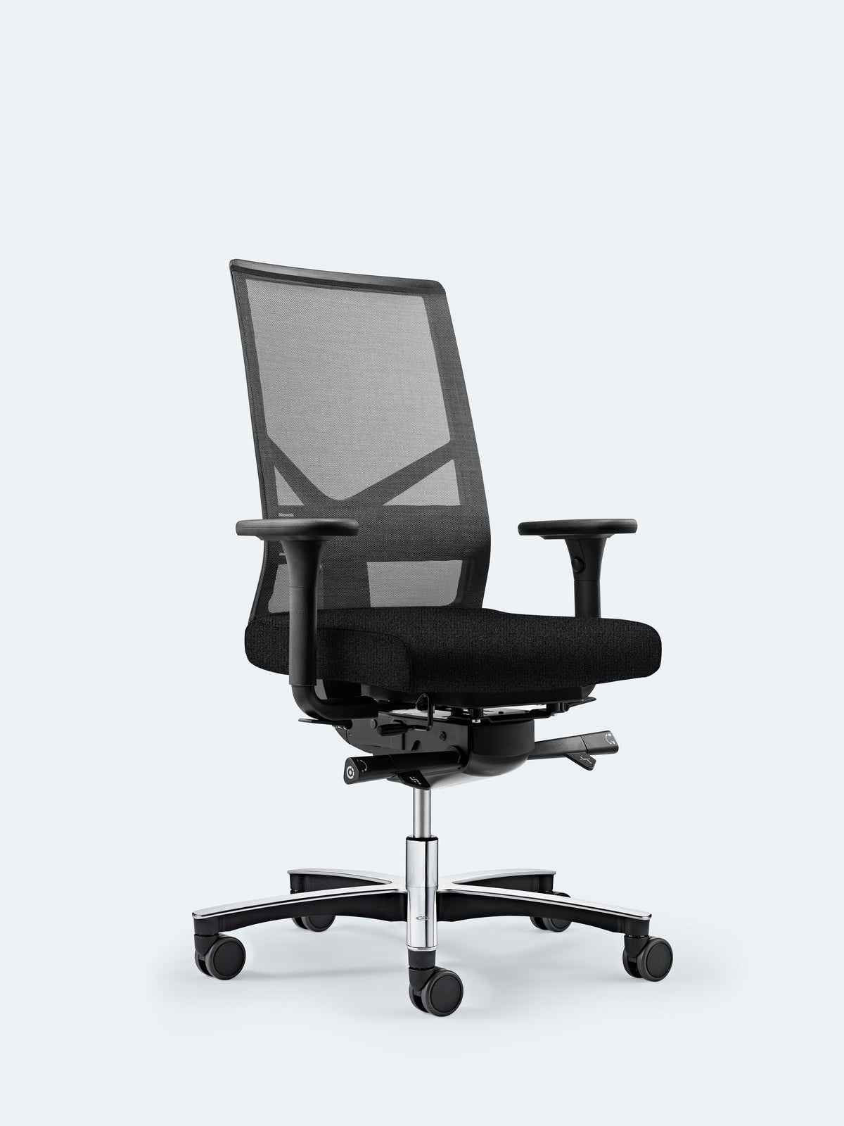 Ergonomischer Bürodrehstuhl Löffler FIGO AIR mit schwarzem Netzstoff, verstellbarer Rückenlehne und komfortablem Sitz.