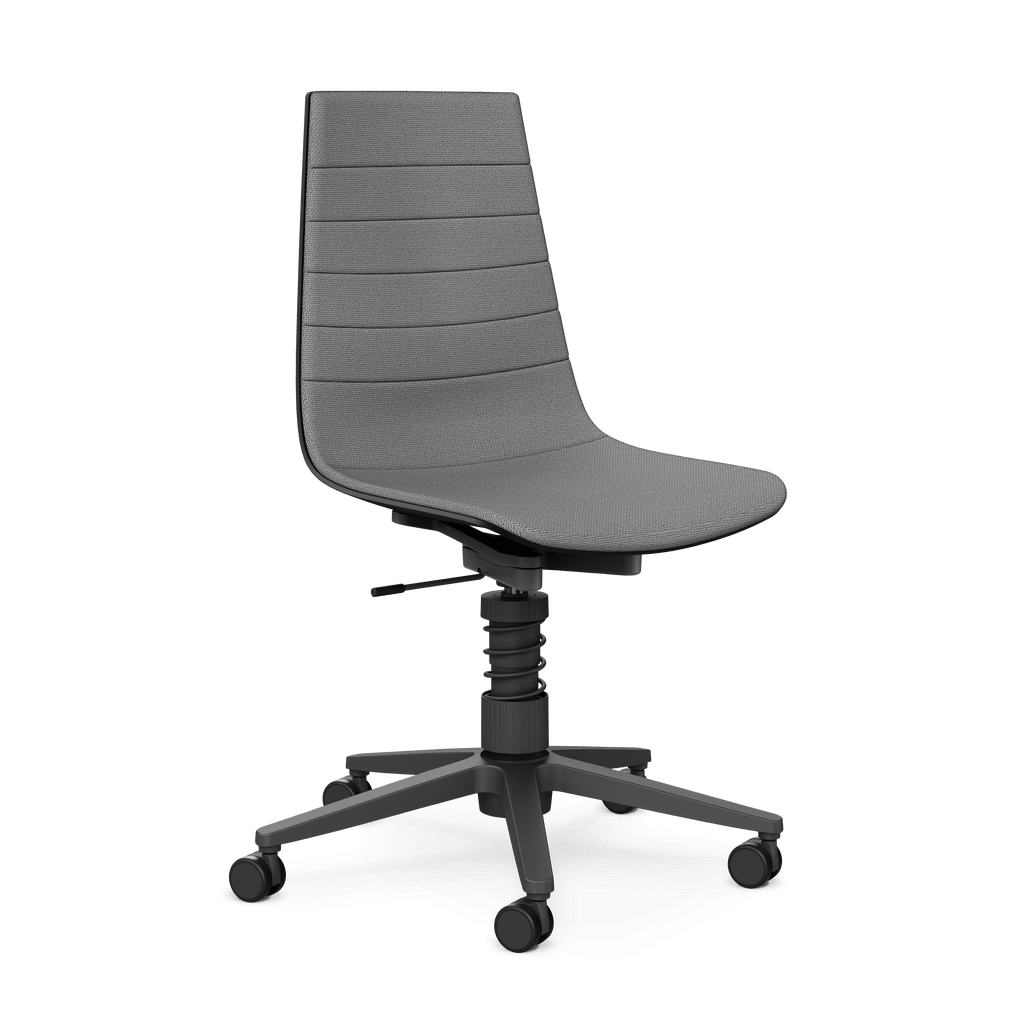 Schwarzer Aeris Linu Task Bürostuhl mit Flex-Kinematik und Federbein, ergonomisches Design, Blick auf Sitz und Rückenlehne