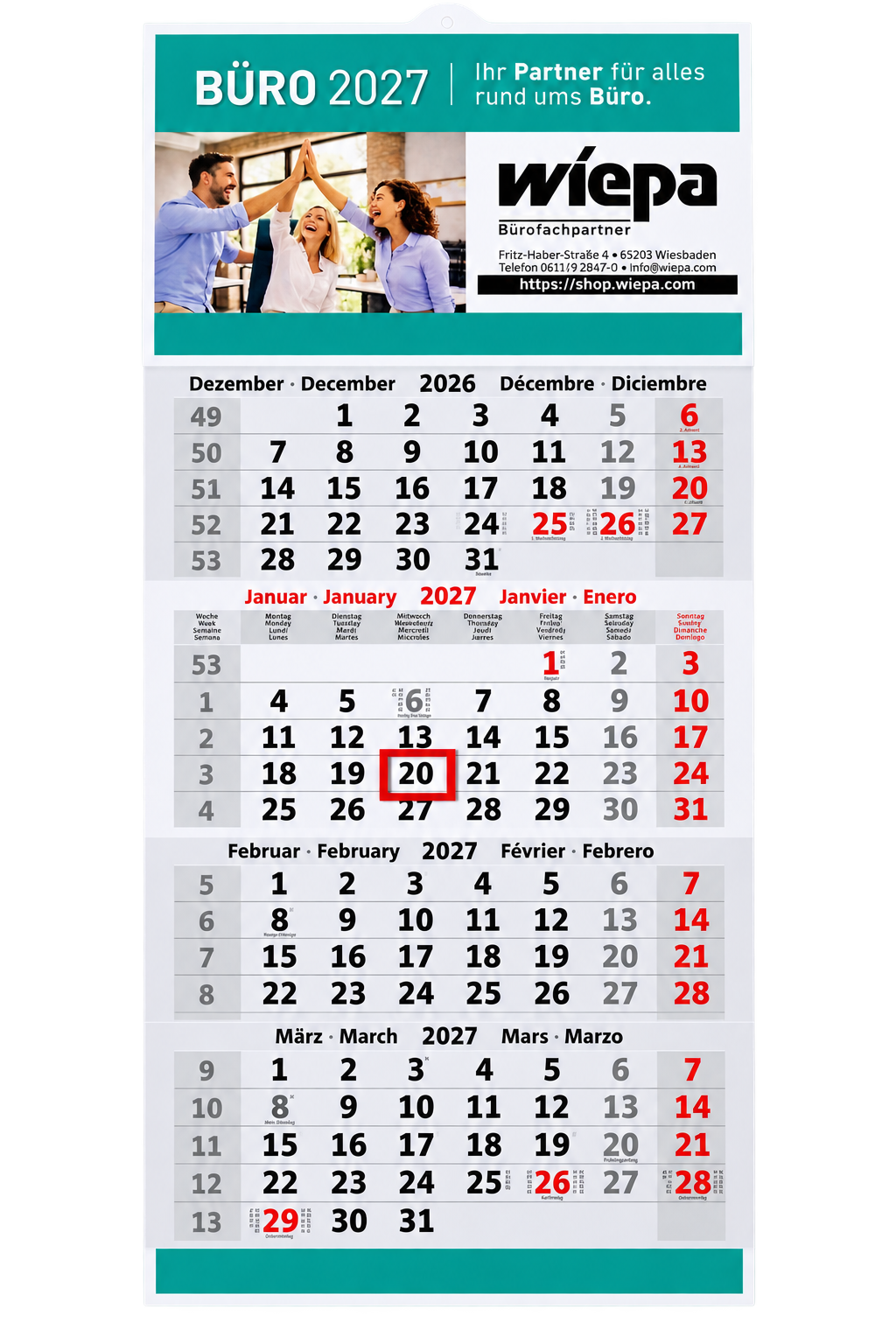 WIEPA 4-Monats-Wandkalender 2027 (28,5 x 63,5 cm) – Der vorausschauende Mehrmonatsplaner