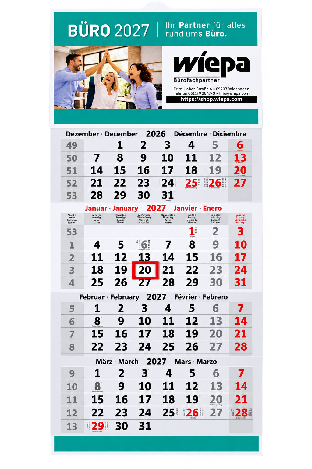 WIEPA 4-Monats-Wandkalender 2027 (28,5 x 63,5 cm) – Der vorausschauende Mehrmonatsplaner