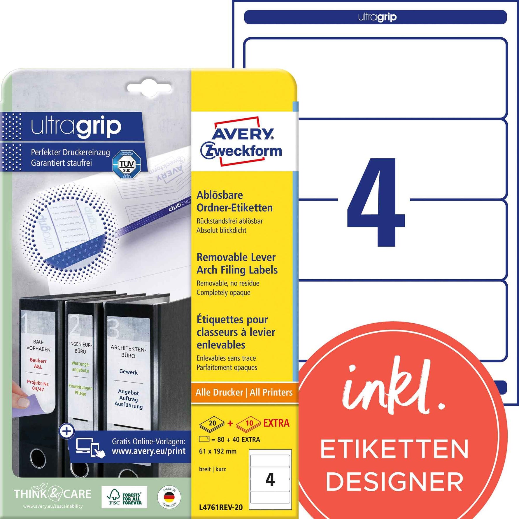 Avery Zweckform Ordnerrückenetikett ultragrip schmal/kurz 38 x 192 mm (B x H)