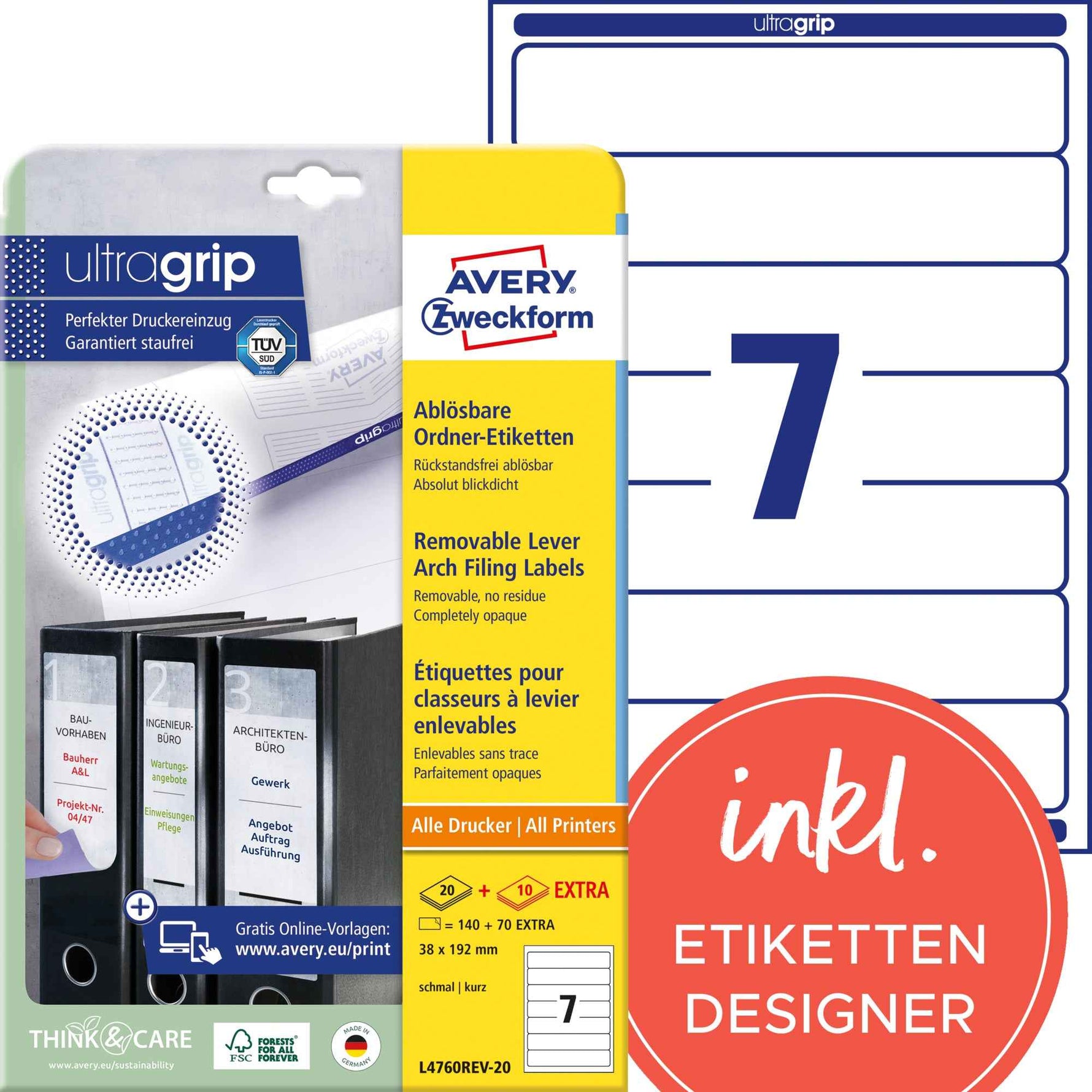 Avery Zweckform Ordnerrückenetikett ultragrip schmal/kurz 38 x 192 mm (B x H)