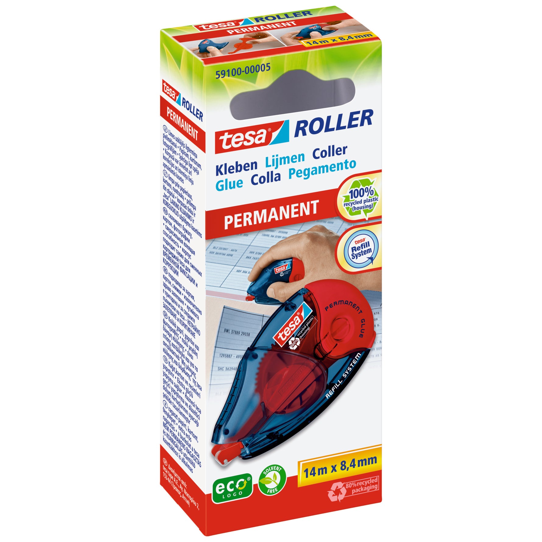 tesa® Kleberoller permanent – Präzises Kleben, 14 m x 8,4 mm (Nachfüllbar)