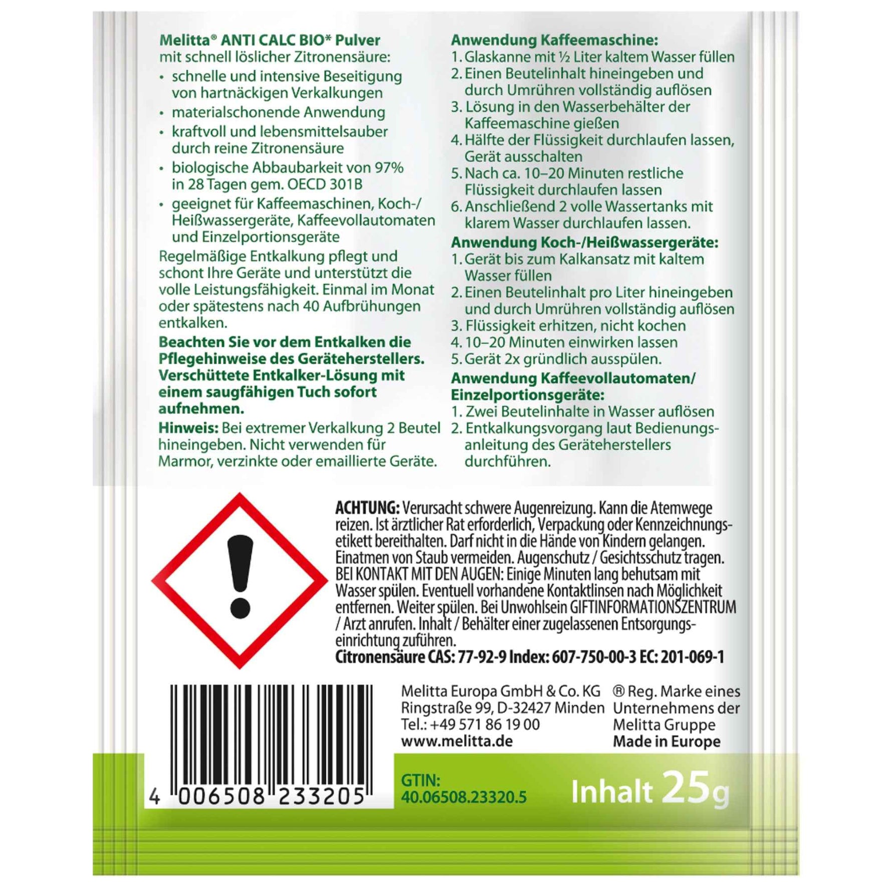 Melitta Entkalker Anti Calc Bio Powder