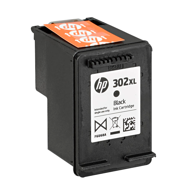 Original HP 302XL Schwarz Tintenpatrone (F6U68AE) für HP Drucker, zeigt die Tintenpatrone mit schwarzer Tinte.