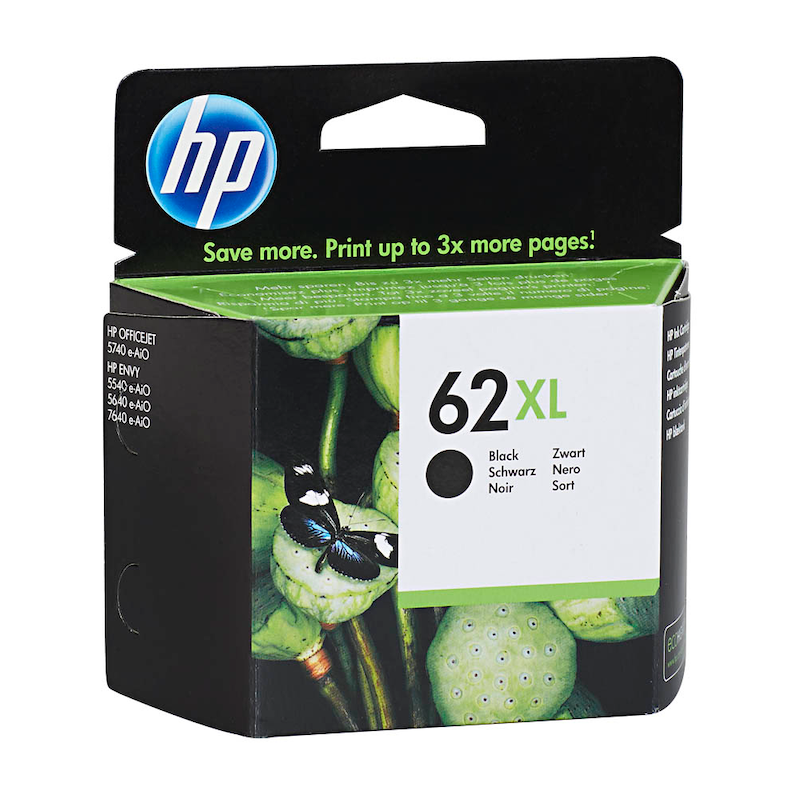 HP Tintenpatrone 62XL Schwarz, Original Hochleistungstinte für HP Drucker, zeigt die schwarze Tintenpatrone in der Verpackung