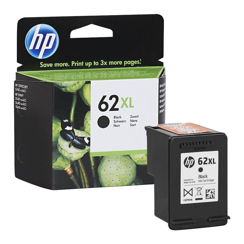 HP Tintenpatrone 62XL Schwarz, Original High-Yield Tinte, zeigt die Tintenpatrone im Zoom mit schwarzer Füllung.