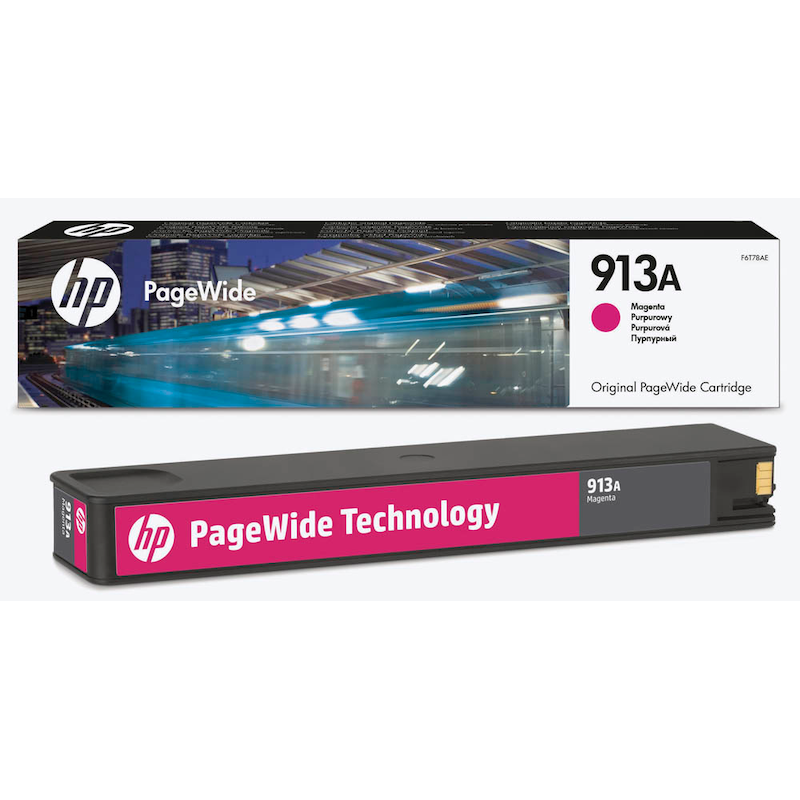 Original_HP Tintenpatrone 913A Magenta für Drucker, sichtbarer Tintenbehälter und HP-Logo, ideal für Farbdrucke.