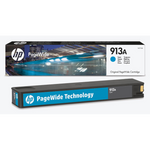 Original HP Tintenpatrone 913A Cyan, Tintenpatrone für Farbdrucke, zeigt die blaue HP Druckerpatrone in Verpackung