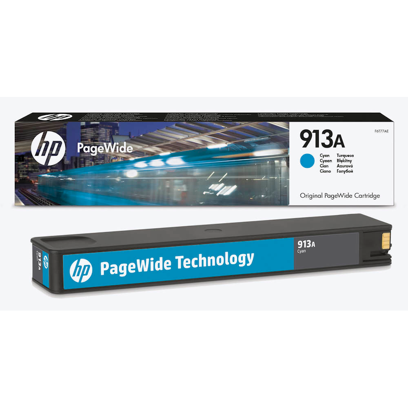 Original HP Tintenpatrone 913A Cyan, Tintenpatrone für Farbdrucke, zeigt die blaue HP Druckerpatrone in Verpackung