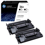 HP Toner 26X Schwarz Doppelpack, langlebiger Druckerzubehör, zeigt die beiden HP Toner 26X Schwarz Kartuschen in Verpackung