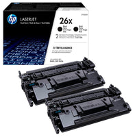 HP Toner 26X Schwarz Doppelpack, langlebiger Druckerzubehör, zeigt die beiden HP Toner 26X Schwarz Kartuschen in Verpackung