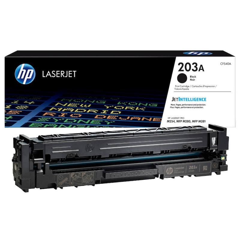 Original schwarzer HP Toner 203A (CF540A) für HP Drucker, zeigt den Tonerkartuschenbehälter mit schwarzer Tinte.