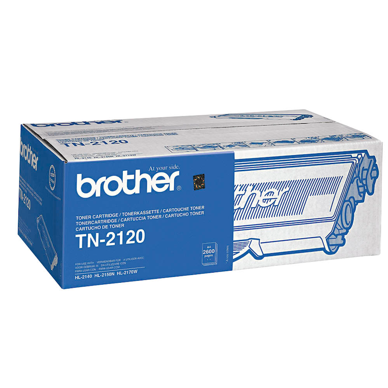 Schwarzer Brother Toner TN-2120 für Büro-Drucker, zeigt die Verpackung und den Toner in Nahaufnahme.