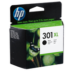 HP Tintenpatrone 301XL Schwarz, Original, zeigt die Tintenpatrone mit schwarzer Farbe und HP-Logo auf der Verpackung