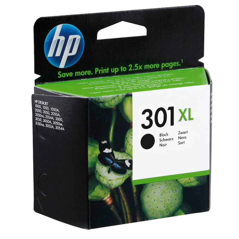 HP Tintenpatrone 301XL Schwarz, Original, zeigt die Tintenpatrone mit schwarzer Farbe und HP-Logo auf der Verpackung