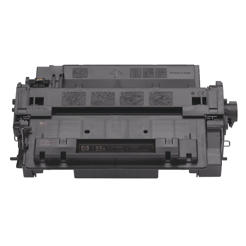 Original schwarzer HP Toner 55A (CE255A) für HP Drucker, zeigt den Tonerbehälter mit Produktetikett.