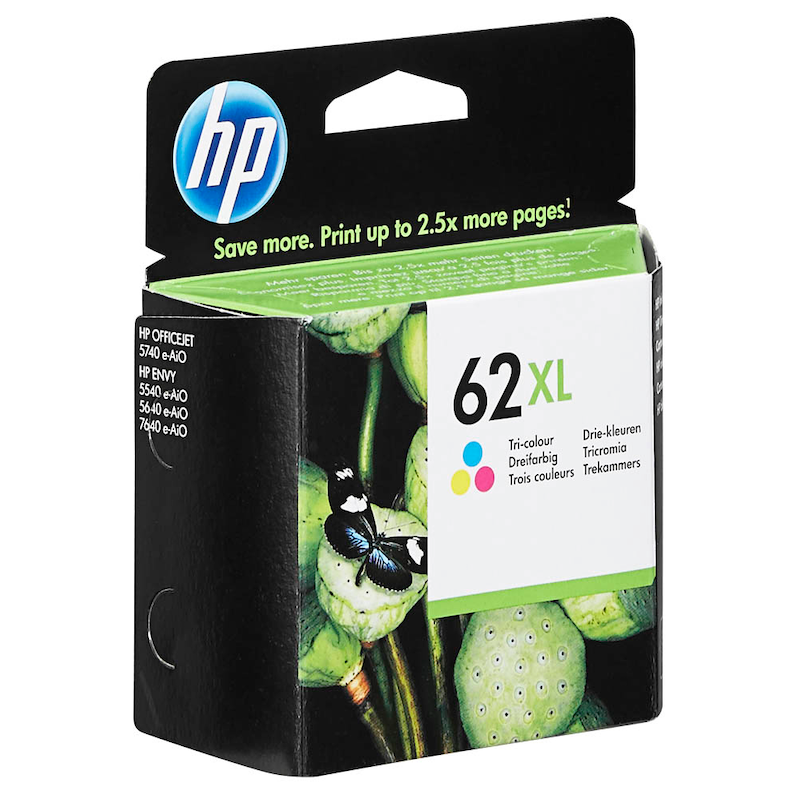 HP Tintenpatrone 62XL Farbe, original Hochleistungstinte für HP Drucker, zeigt die farbige Tintenpatrone im Zoom.