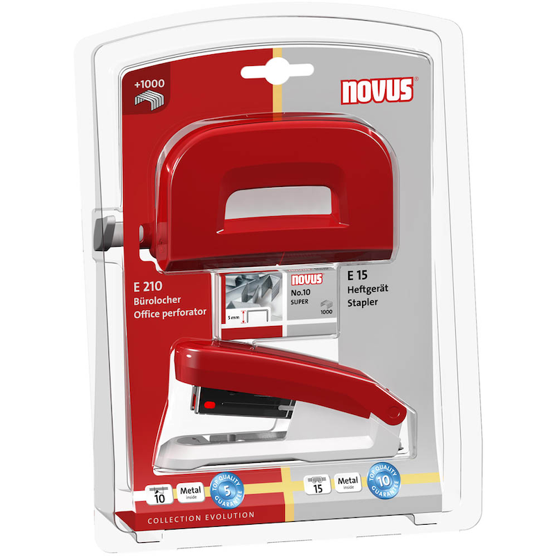 Novus E210/E15 Locher und Heftgeräte Set, kompaktes Büro-Set zum Heften und Lochen, in neutralem Design