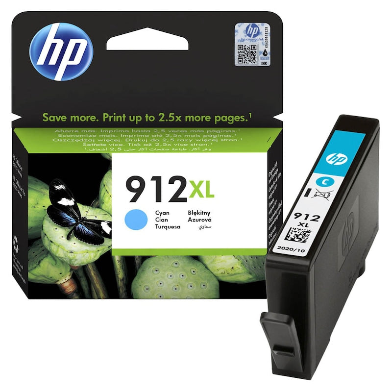 HP Tintenpatrone 912XL Cyan für Drucker, Original HP Tintenpatrone in Cyan, zeigt die Verpackung und Tintenpatrone.