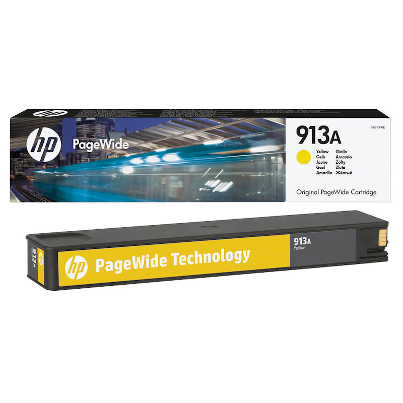 HP Tintenpatrone 913A Gelb für Drucker, Original-HP Tintenpatrone mit gelber Tintenfarbe, auf einem weißen Hintergrund.
