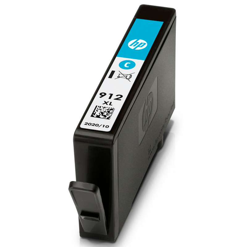 HP Tintenpatrone 912XL Cyan, Original, für HP Drucker, zeigt die cyanfarbene Tintenpatrone mit Verpackung und Produktbeschreibung
