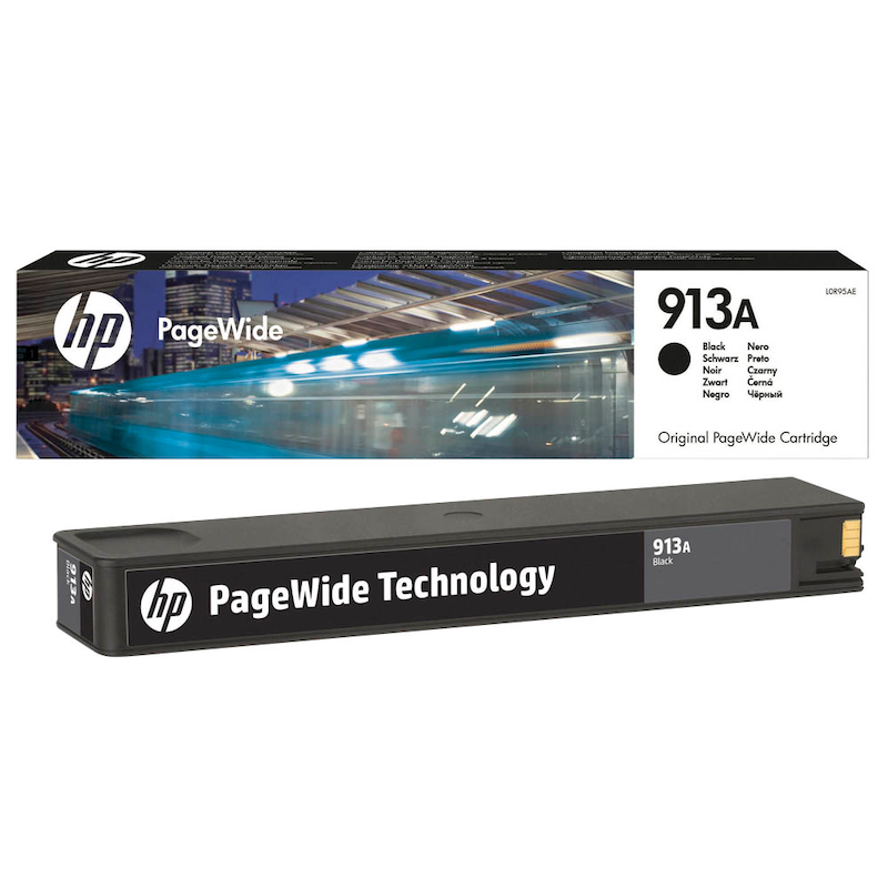 HP Tintenpatrone 913A Schwarz, Original, für HP Drucker, zeigt die schwarze Tintenpatrone im Karton
