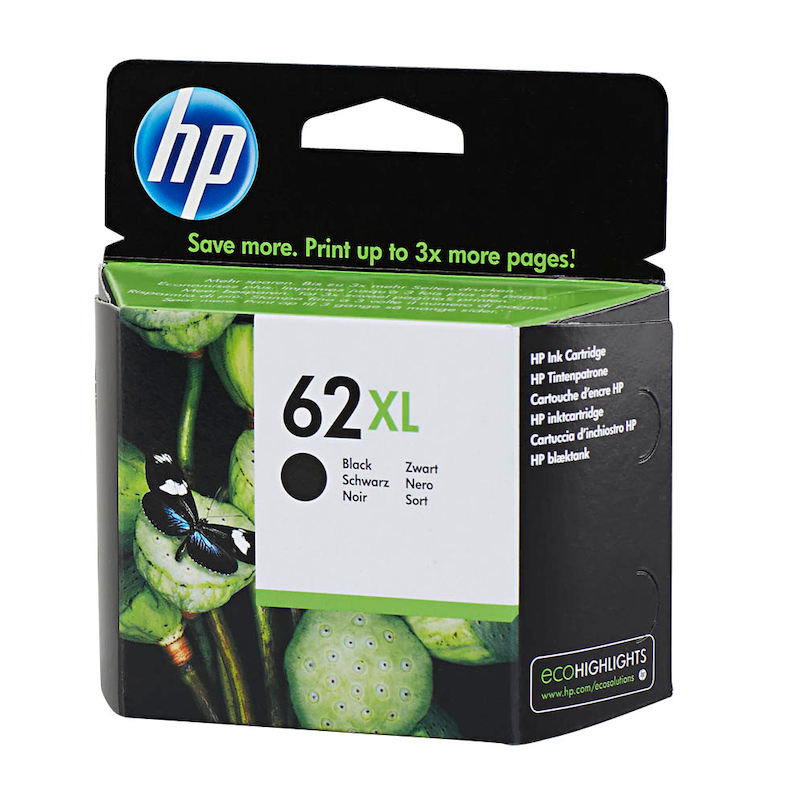 HP Tintenpatrone 62XL Schwarz, Original Hochleistungstinte für HP Drucker, zeigt die schwarze Tintenpatrone im Zoom.