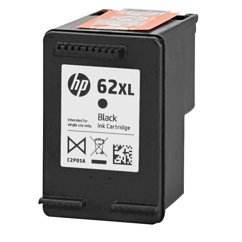HP Tintenpatrone 62XL Schwarz, Original High-Yield Tinte, zeigt die Tintenpatrone mit schwarzem Farbstoff und Verpackung.