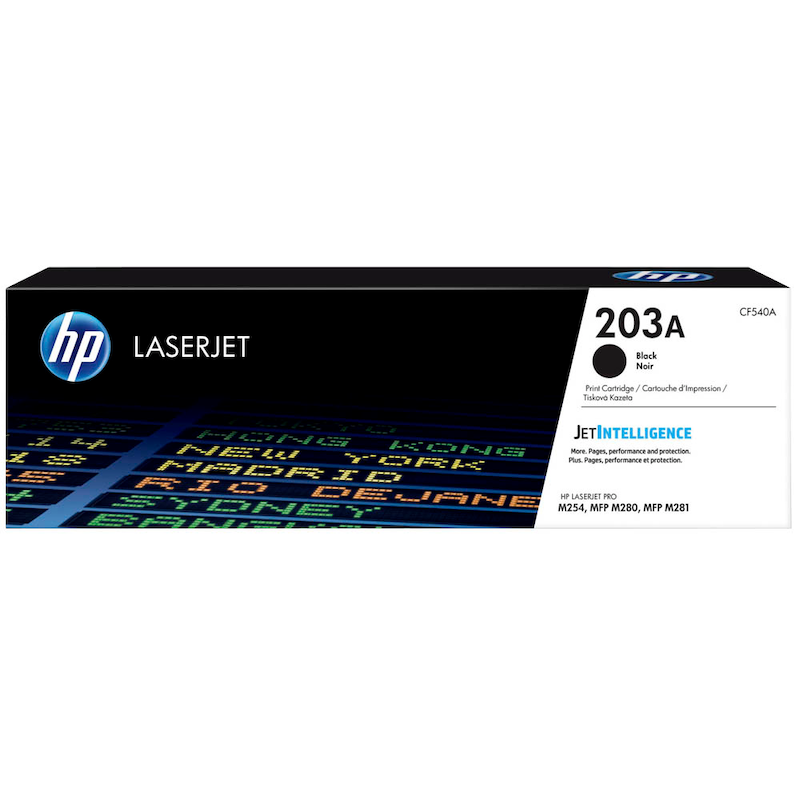 Schwarzer HP Toner 203A (CF540A) Original für Drucker, zeigt die Verpackung und den Tonerkartons.
