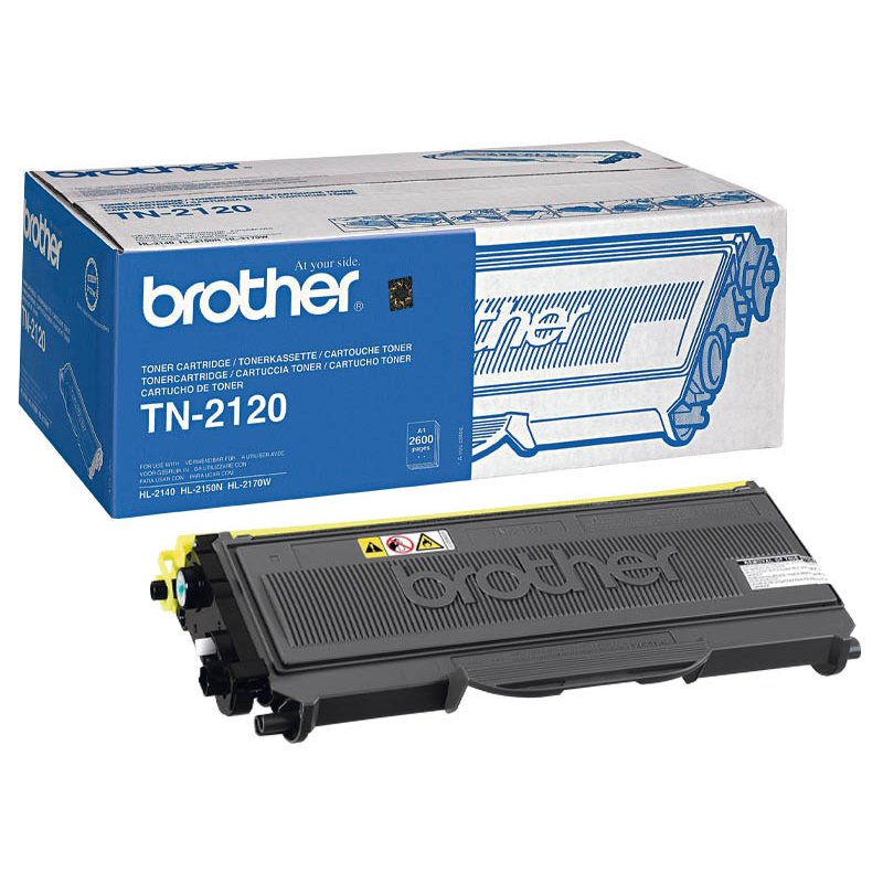 Brother Schwarz Toner TN-2120 für Büro, zeigt den Tonerbehälter und die Verpackung in einer Nahaufnahme.