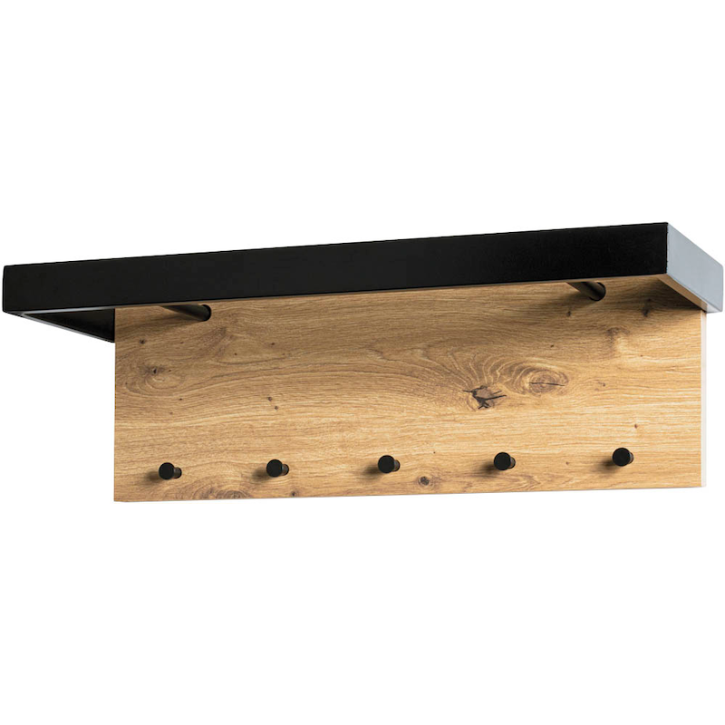 Moderne Wandgarderobe aus Eiche und Schwarz von HAKU, mit Haken und Ablage für Schuhe und Kleidung.