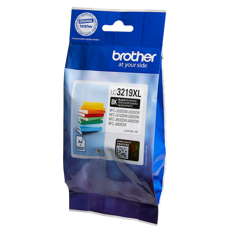 Brother LC-3219XL-BK Tintenpatrone in Schwarz, originales XL-Format, zeigt die Tintenpatrone mit schwarzem Gehäuse und Produktetikett